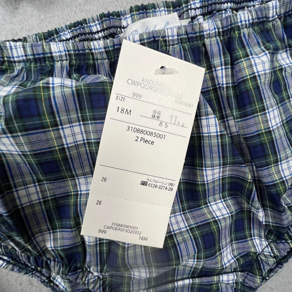 Ralph Lauren Plaid Dress Set Kids 18M Navy Green Ruffle Peter Pan Collar Preppy